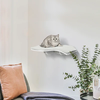 PawHut Katzen Kletterwand Katzenhängematte Katzenbett Wand Katzenregal Wandmontage Katzenmöbel Plüsch MDF Weiß 53 x 28 x 12 cm