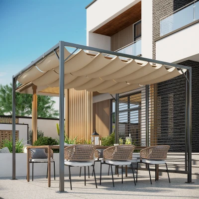 Outsunny Pavillon, Pergola mit einstellbarem Stoffdach, Partyzelt, Überdachung, Polyester, Beige, 300 x 280 x 238 cm