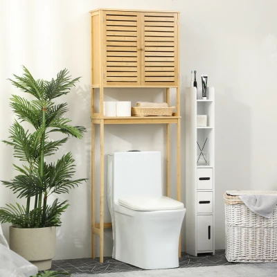 kleankin Mueble de Bambú sobre Inodoro Armario Alto para Lavadora con 2 Puertas 1 Balda Interior y 1 Estante de Almacenaje para Baño 60x23x173 cm Natural