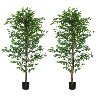 HOMCOM Pack de 2 Plantas Artificiales con Troncos Naturales 180 cm Ficus Sintética con 1260 Hojas Decoración para Hogar Verde