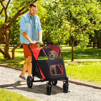 PawHut Passeggino per Cani Pieghevole con Cerniere Nero e Rosso