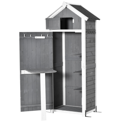 Outsunny Gartenschrank Holz, Geräteschuppen wetterfest 78x52,5x182cm, Gerätehaus mit Tür, Satteldach, Geräteschrank mit Haken, faltbar Tisch, Werkzeugschrank Gartenschuppen für Garten, Terrasse, Grau