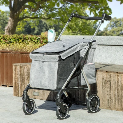 PawHut Carrinho para Cães Dobrável com Correia de Segurança Almofada Lavável e Janelas 80x48,5x106 cm Cinzento Claro