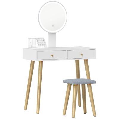 HOMCOM Tocador con Espejo Redondo Luces LED Ajustables y Taburete Acolchado con 2 Cajones y Organizador de Maquillaje Blanco