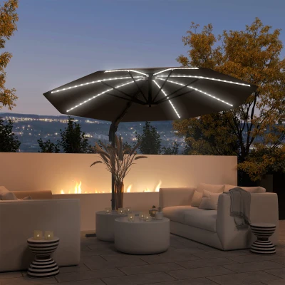 Outsunny Aluminium Zweefparasol LED Zonne-Energie Ø300 cm Hoogte Verstelbaar Parasol met Zwengel Stander UV50+ Donkergrijs