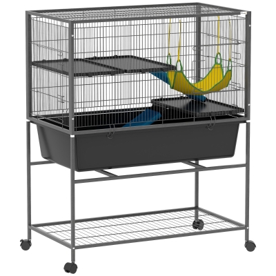 PawHut Jaula para Animales Pequeños de 3 Niveles con Rampas Antideslizantes Puertas Amplias y Ruedas con Freno 88x48x102cm Gris