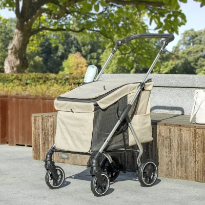 PawHut Carrinho para Cães Dobrável com Correia de Segurança Almofada Lavável e Janelas 80x48,5x106 cm Cáqui