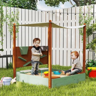 AIYAPLAY Piaskownica dla dzieci z daszkiem przeciwsłonecznym, 2 pojemnikami na zabawki, 116Dł x 112,5S x 128W cm, Drewno świerkowe, Plastik, Zielona