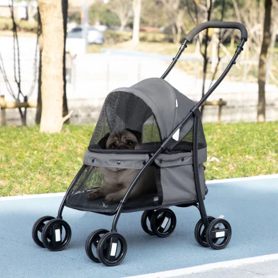 PawHut Carrinho para Animais de Estimação Dobrável com Janela de Malha Almofada Lavável Arnês de Segurança 82x47x97cm Cinza