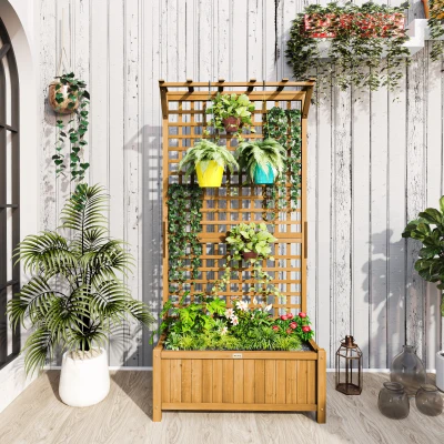 Outsunny Hochbeet mit Spalier und Dach, Pflanzkasten, Blumenbeet, wetterfest, Holz, 90 x 45 x 183 cm, Braun