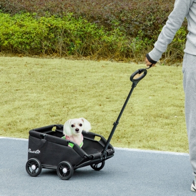PawHut Carrinho para Cães Dobrável Carrinho para Cães Miniatura com Barra de Empurre Ajustável Desenho Aberto 53x45x28 cm Preto