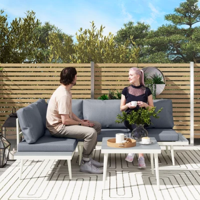 Outsunny Gartenmöbel Set 4 Personen wetterfest Balkonmöbel-Set mit 2er Sofa, Kissen Beistelltisch Stahl Grau