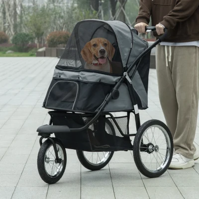 PawHut Carrinho para Cães Dobrável para Cães Médios e Pequenos com Cesta de Armazenamento Capota Ajustável 111x58x107 cm Cinza