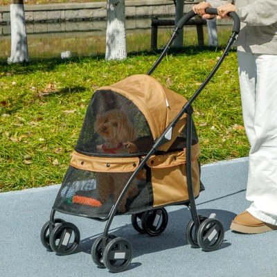 PawHut Carrinho para Animais de Estimação Dobrável com Janela de Malha Almofada Lavável Arnês de Segurança 82x47x97cm Marrom