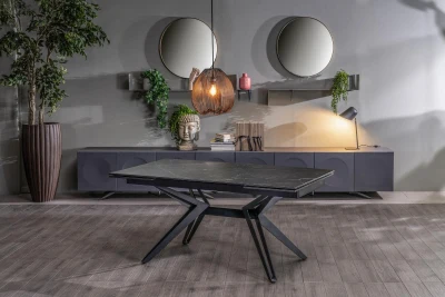 E-STYLO Tavolo allungabile con top e allunghe in ceramica marmo nero e 4 gambe a stella in metallo, 90x160/240x76cm, marmo nero, nero opaco