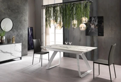 E-STYLO Tavolo allungabile con top e allunghe in HPL su MDF, gambe in metallo, 90x170/270x76cm, marmo calacatta e bianco