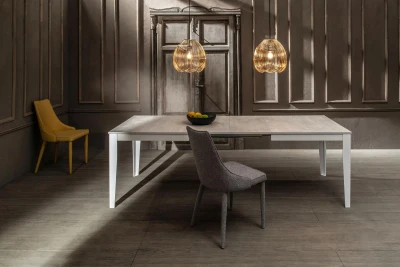 E-STYLO Tavolo allungabile con top e allunghe in melaminico cemento bianco, base in metallo bianco, 80x130/290x76cm, bianco, bianco