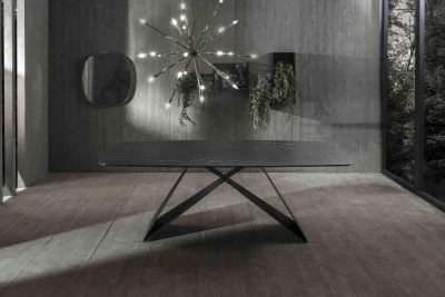 E-STYLO Tavolo con Top in Ceramica su Vetro Temperato e Gambe in Metallo Verniciato, 110x220x76 cm, Nero