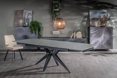 E-STYLO Tavolo allungabile con top e allunghe in ceramica, 4 gambe a stella in metallo, 90x160/240x76cm, marmo grigio, nero opaco
