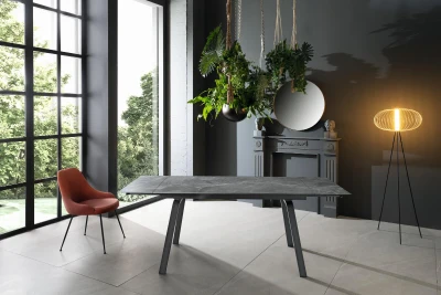 E-STYLO Tavolo allungabile con top in pietra effetto marmo, gambe in metallo verniciato, 80x140/200x76cm, nero, antracite