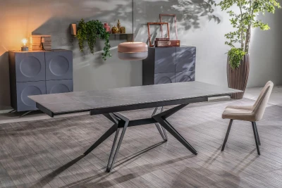 E-STYLO Tavolo allungabile con top e allunghe in ceramica e 4 gambe a stella in metallo, 90x160/240x76cm, marmo grigio, nero opaco