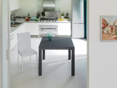 E-STYLO Tavolo allungabile con top e allunghe in vetro temperato acidato, gambe in metallo, 90x90/163,5x76cm, grigio