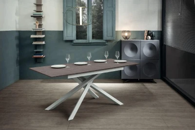 E-STYLO Tavolo allungabile con top e allunghe in melaminico e base in metallo, 90x140/190x76cm, marmo antracite, bianco