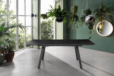 E-STYLO Tavolo allungabile con top in pietra effetto marmo, gambe in metallo verniciato, 80x140/200x76cm, grigio, antracite