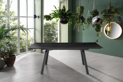 E-STYLO Tavolo allungabile con top in pietra effetto marmo, gambe in metallo verniciato, 80x140/200x76cm, grigio, antracite