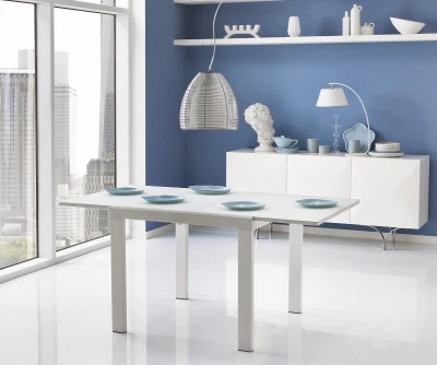 E-STYLO Tavolo in Polipropilene con Struttura in Metallo Cromato Allungabile, 90x90/163,5x76 cm, Bianco