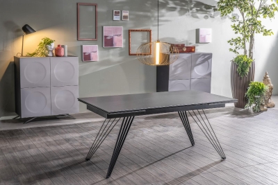 E-STYLO Tavolo allungabile con top e allunghe in ceramica e 4 gambe radiali in metallo, 90x160/240x76cm, grigio vintage, nero opaco