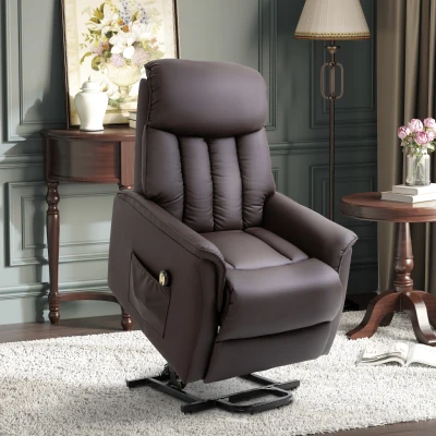 HOMCOM Relaxsessel Elektrisch Fernsehsessel mit Aufstehhilfe, Liegefunktion, TV Sessel mit Fußteil, Seitentasche, Fernbedienung, für Wohnzimmer, bis 150 kg, Kunstleder, Braun