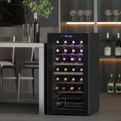 HOMCOM Kleiner Weinkühlschrank, Mini-Kühlschrank für 28 Flaschen, 74 Liter Kapazität, Glastür, LED-Beleuchtung, Touch-Screen