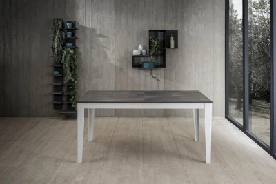 E-STYLO Tavolo allungabile con top e allunghe in melaminico cemento grigio, base in metallo bianco, 80x130/290x76cm, grigio, bianco