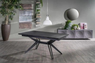 E-STYLO Tavolo allungabile con top e allunghe in ceramica e 4 gambe a stella in metallo, 90x160/240x76cm, grigio vintage, nero opaco