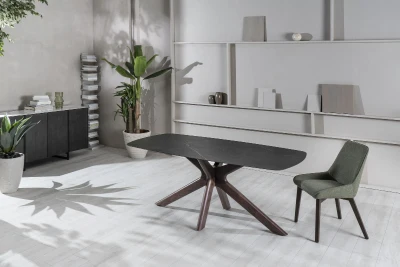 E-STYLO Tavolo fisso con top in ceramica marmo nero, base in massello di noce, 90x180x76cm, ceramica marmo nero, massello di noce