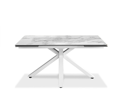 E-STYLO Tavolo allungabile con top in ceramica marmo bianco e vetro temperato, gambe in metallo verniciato bianco, 90cm X 160 / 240cm H. 76cm.
