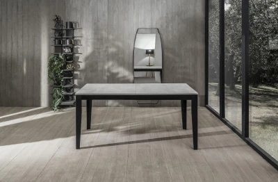 E-STYLO Tavolo allungabile con top e allunghe in melaminico cemento bianco, base in metallo nero, 90x130/290x76cm, cemento bianco, metallo nero