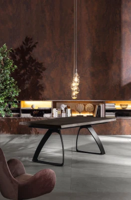 E-STYLO Tavolo fisso con top in rovere termocotto e bordo massellato, 90x160x76cm, rovere termocotto, nero