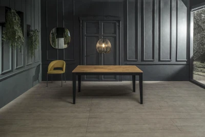E-STYLO Tavolo allungabile con top e allunghe in melaminico rovere, base in metallo nero, 80x130/290x76cm, rovere, nero