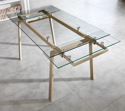 E-STYLO Tavolo allungabile con top e allunghe in vetro temperato e gambe in metallo verniciato, 80x140/200x76cm, trasparente, tortora