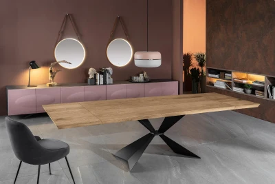 E-STYLO Tavolo allungabile con top e allunghe impiallacciate, gambe in metallo verniciato, 90x160/240x76cm, rovere naturale, nero