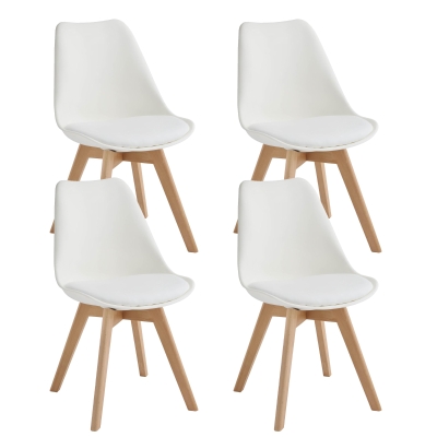 E-STYLO Sedia in polipropilene bianca con seduta imbottita e rivestita in similpelle, gambe in legno di faggio, 48.5cm X 52cm H. 82cm.