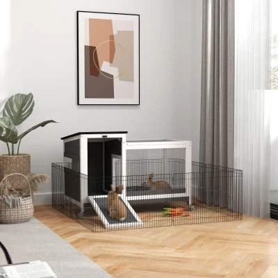 Drewniana klatka dla królików PawHut z wybiegiem i kółkami, otwieranym dachem, dla użytku zewnętrznego i wewnętrznego 92 x 52 x 67 cm, Ciemnoszara