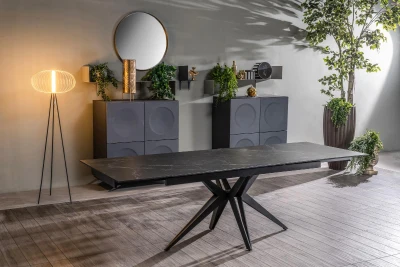E-STYLO Tavolo allungabile con top e allunghe in ceramica marmo nero, 4 gambe a stella in metallo, 90x160/240x76cm, marmo nero, nero opaco