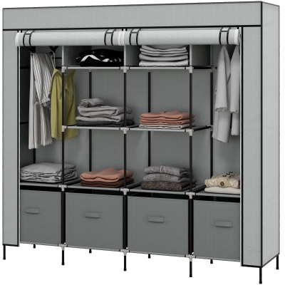 HOMCOM Kleiderschrank Stoffschrank, Türen, 2 Kleiderstangen, 10 Fächer, Grau