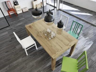 E-STYLO Tavolo allungabile con top e allunghe impiallacciate, gambe in frassino massello, 90x160/240x76cm, rovere