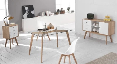 E-STYLO Set 4 Sedie in polipropilene con seduta imbottita rivestita in similpelle e gambe in legno, 48.5x52x82cm, bianco, marrone