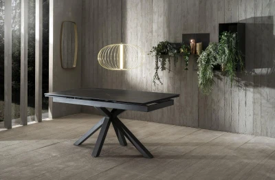 E-STYLO Tavolo allungabile con top e allunghe in ceramica su vetro temperato, gambe in metallo verniciato, 90x160/240x76cm, ceramica portoro, antracite