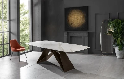 E-STYLO Tavolo con top in ceramica su vetro temperato, gambe in metallo verniciato, 110x220x76cm, calacatta, marrone